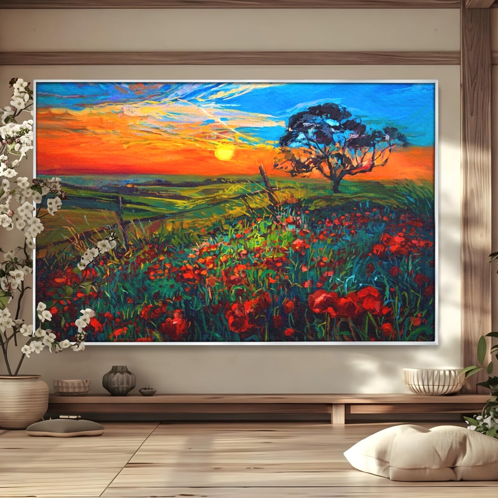 Tablou canvas cu tablou canvas cu maci si apus de soare, in rama de aluminiu argintiu